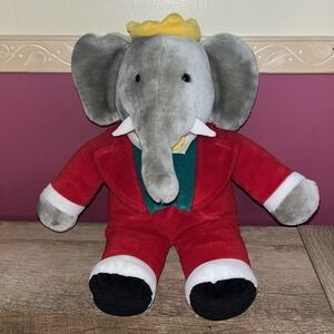 Gund Babar Elephant King Plush Stuffed Toy Red Suit Velour Vintage 14‎ Inch 1988
